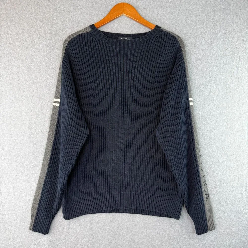 VTG Nautica Navy Blue Ribbed Knit Pull Over Sweater Y2K 90s Skater Preppy Size M